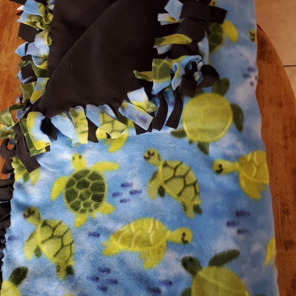 Turtle Print Fleece Blanket with Black Fringe